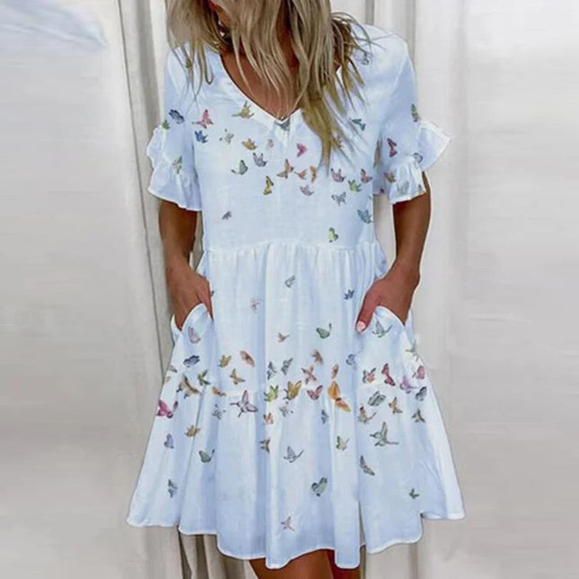 Women V-Neck Floral Ruffle Summer Mini Dress