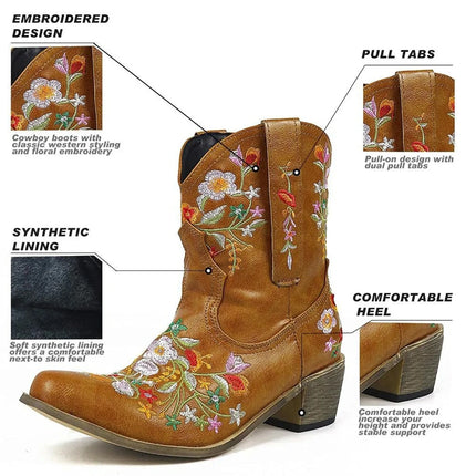 Women Embroidered Western Cowboy Low Heels Boots
