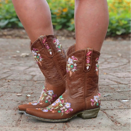 Women Embroidered Western Cowboy Low Heels Boots