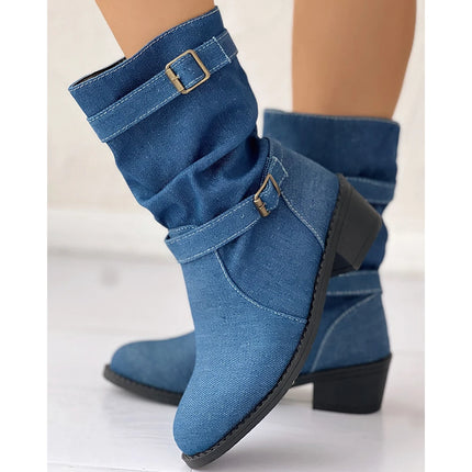 Women's Fashion Denim Round Toe Buckle Boots