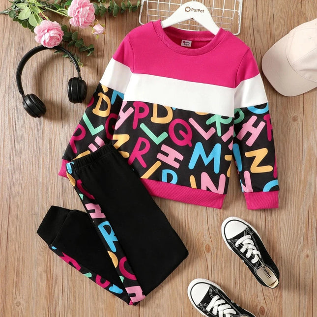 Baby Girl Retro Colorblock Sweatshirt Pants Set