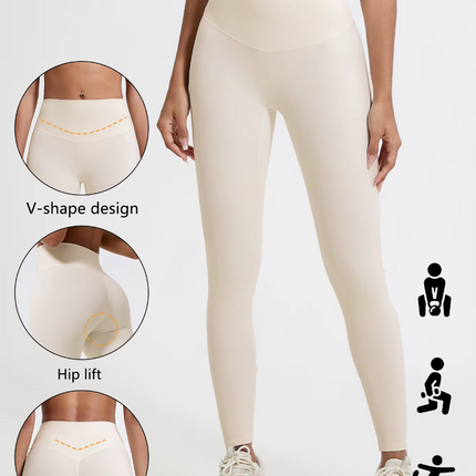 Beige leggings with V-shape design, hip lift, and deep V lift feature on a white background.

