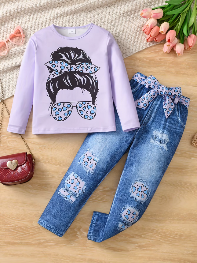 Children's outfit with lavender shirt and blue jeans on a wooden surface with flowers and handbag.

