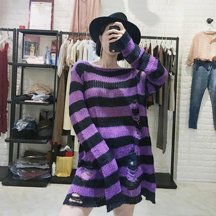 Women Gothic Long Striped Sweater Pullover