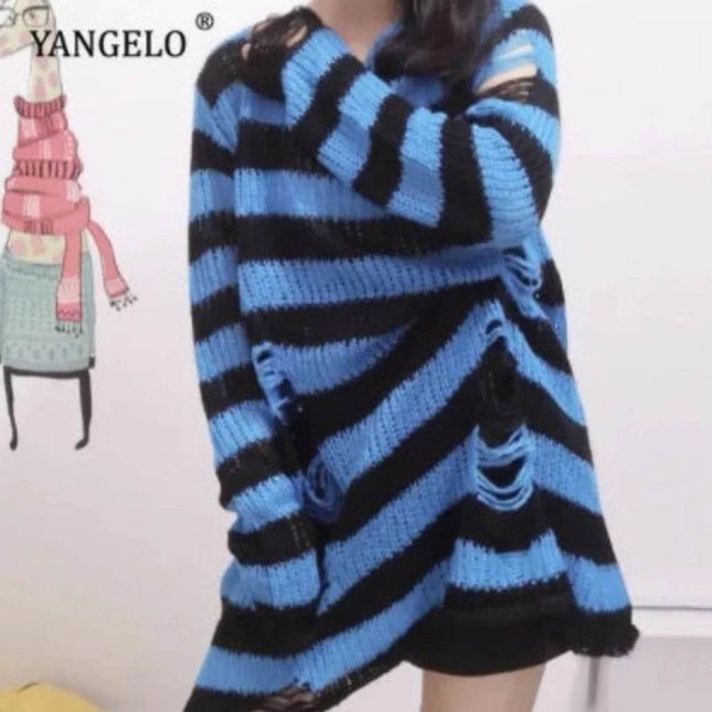 Women Gothic Long Striped Sweater Pullover - Mad Fly Essentials