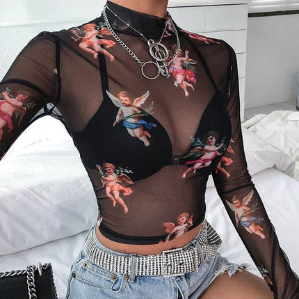 Women Vintage Turtleneck Cupid Angel Crop Top - Mad Fly Essentials
