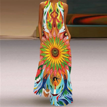 Women Retro Print Pocket Sleeveless Sundress