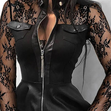 Women Long Zipper Leather Lace Mini Dress