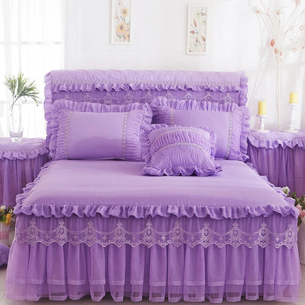 Kids Room Princess Lace Bed Skirt+2pc Pillowcase+Duvet Bedding Set