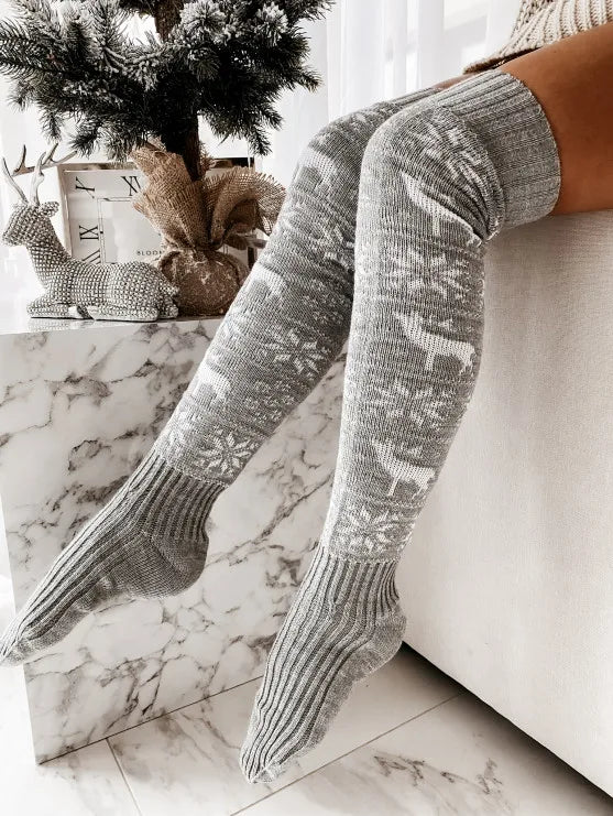 Women Snowflake Print Christmas Knee Socks