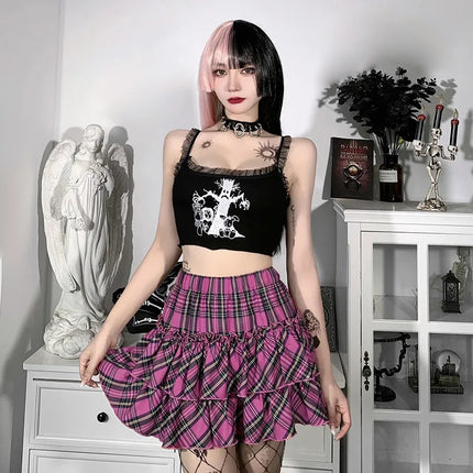 Women High-Waist Gothic Plaid Pink Skirt