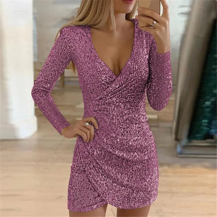 Women Sexy Glitter Rhinestone V Club Mini Dress