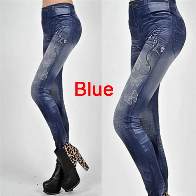 Women Elastic Blue Black Slim Denim Leggings
