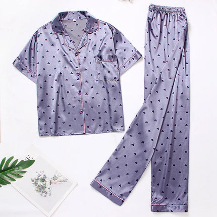 Women Satin Silk Floral Lapel Pajama Sleepwear Sets