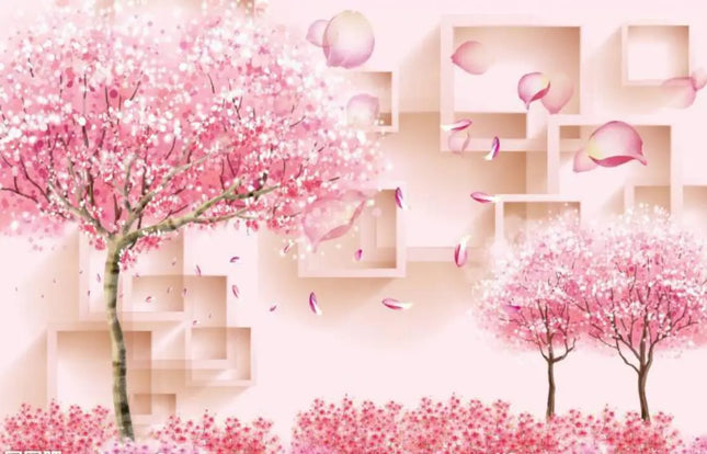 Custom 3D Retro Pink Cherry Tree Mural Wallpaper