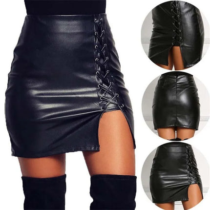 Women Black Lace Leather Pencil Skirts