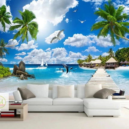 Custom 3D Beach Sea Paradise Mural Wallpaper