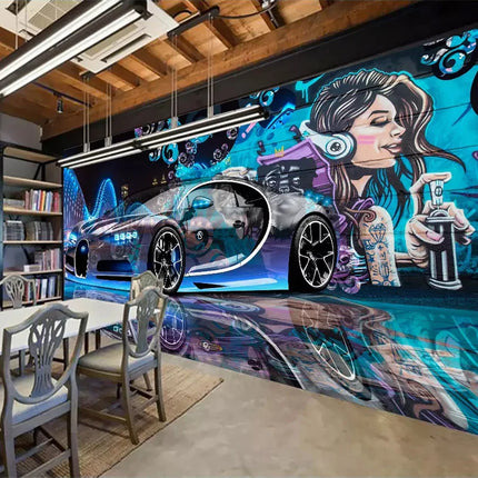Custom 3D Street Graffiti Sports Car Mural Wallpaper