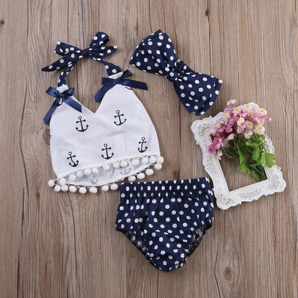 Baby Girl Set 3pc Headband Sailor Polka Dot Pants Outfit Set - Baby Girl Set - Faithtur - Mad Fly Essentials