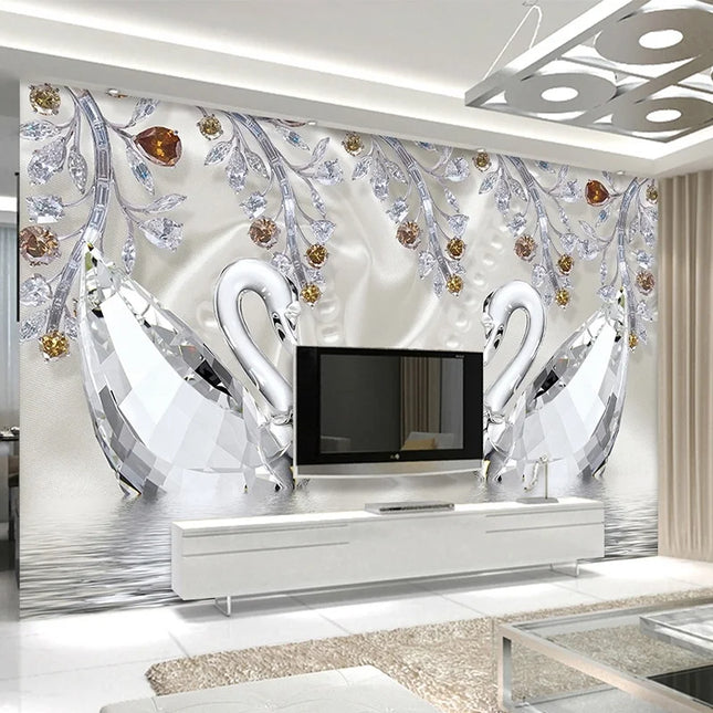 Custom 3D Crystal Diamond Swan Lake Mural Wallpaper