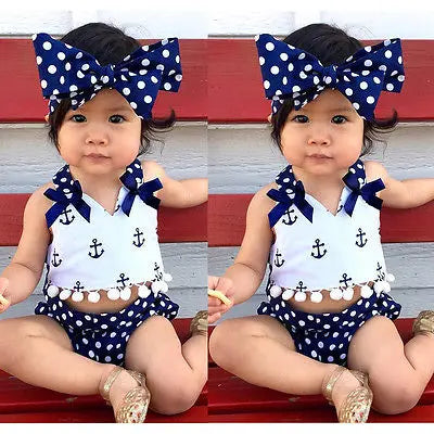 Baby Girl Set 3pc Headband Sailor Polka Dot Pants Outfit Set - Baby Girl Set - Faithtur - Mad Fly Essentials