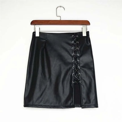 Women Black Lace Leather Pencil Skirts