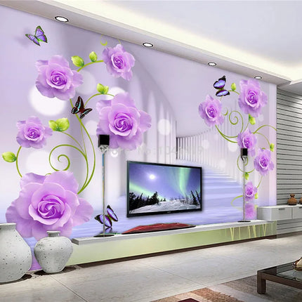 Custom 3D Purple Rose Mural Wallpaper