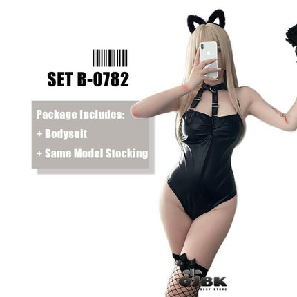 Women Halter Top Catwoman Party Bodysuit Leather Lingerie Set