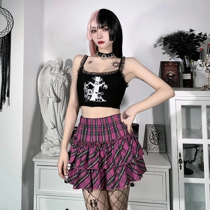 Women High-Waist Gothic Plaid Pink Skirt