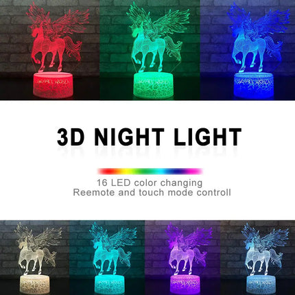 Kids Room 3W Remote 3D LED Unicorn Night Light