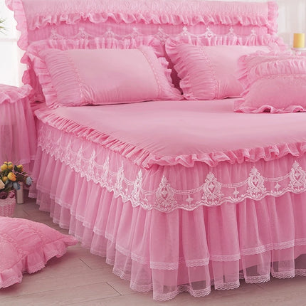 Kids Room Princess Lace Bed Skirt+2pc Pillowcase+Duvet Bedding Set