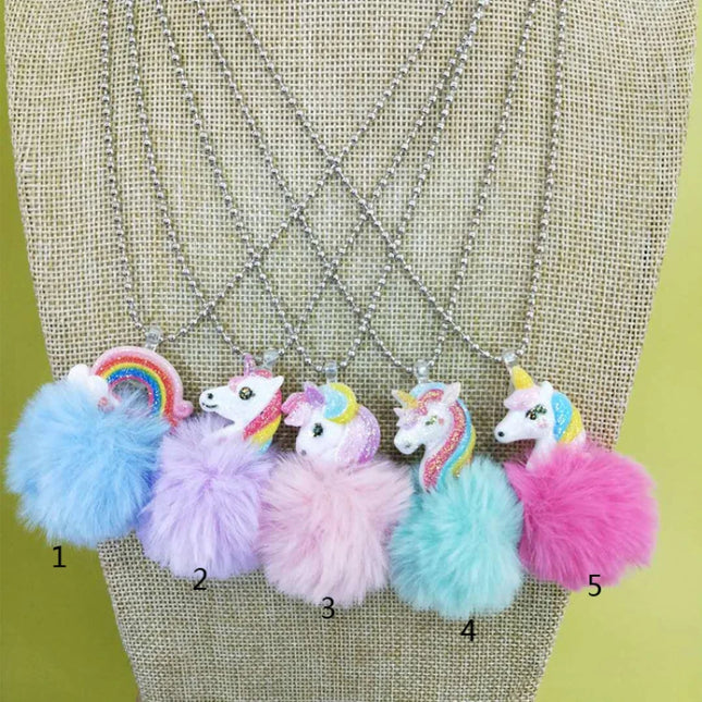 Baby Girl Cute Unicorn Rainbow Plush Ball Pendant Necklace