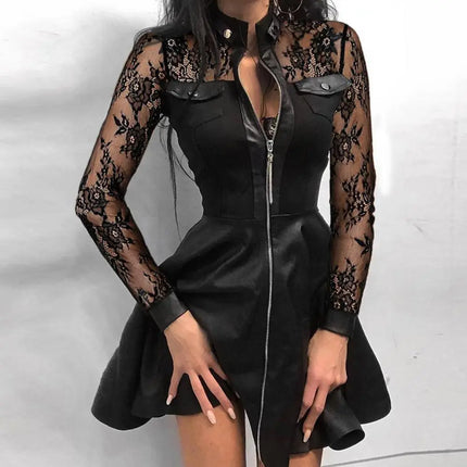 Women Long Zipper-Leather Lace-Mini Party Dress