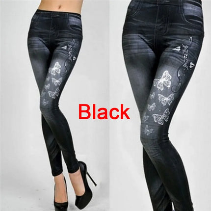 Women Elastic Blue Black Slim Denim Leggings