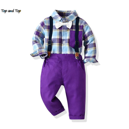 Baby Boy Fashion Plaid Purple Blue Gentleman Outfits