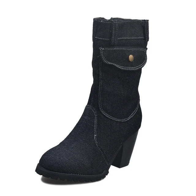Women Blue Jean Mid-Rise Vintage Series Heel Boots
