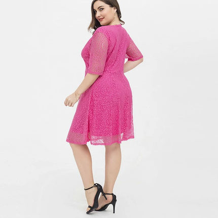 Women Pink Plus Size European Lace Dress