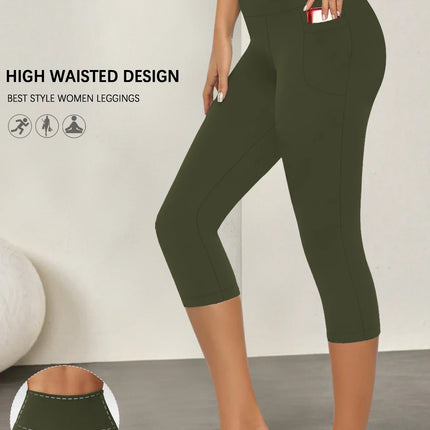 Fitness Leggings Women Pocket 3/4 Solid Capris - Fitness Leggings - Cloud Hide - Mad Fly Essentials