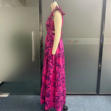 Women O-Neck Lace Ruffled Maxi Dress