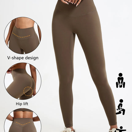 Brown leggings with V-shape design, hip lift, and deep V feature on a white background.

