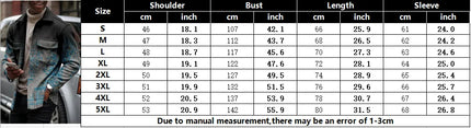 Measurement chart for a denim jacket with size chart details.

