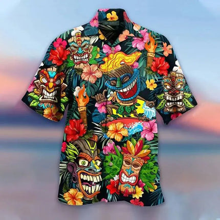 Men Summer Loose Breathable 3D Tiki Animal Hawaiian Shirt