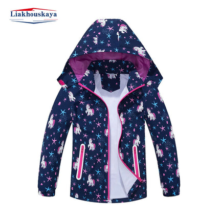 Girl Waterproof Detachable Hood Unicorn Jacket Outerwear