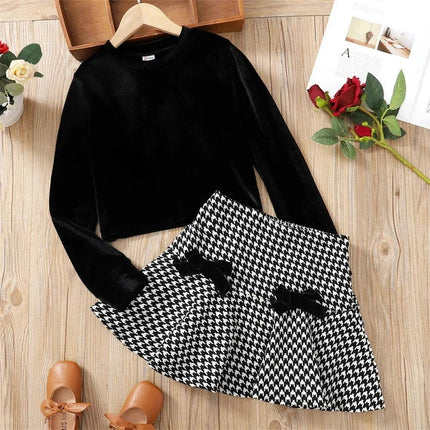Girl Velvet Long Houndstooth 2pc Skirt Set - Mad Fly Essentials