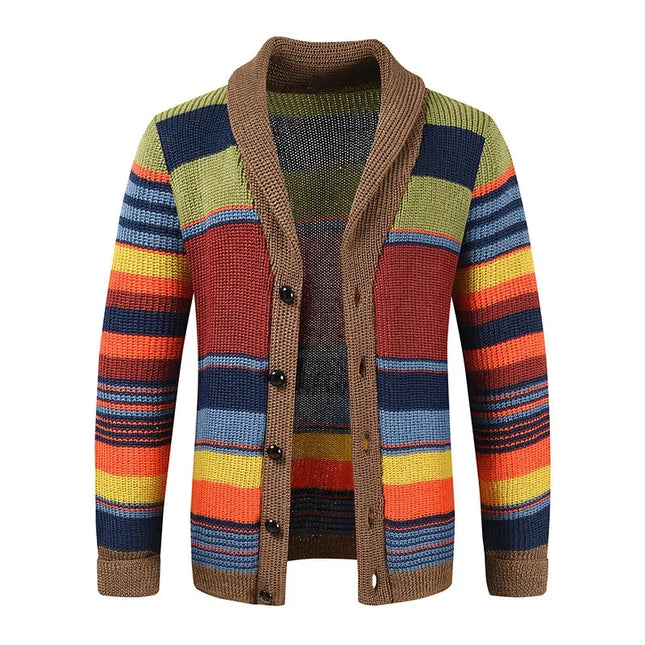 Men Spring V Cardigan Knitted Rainbow Sweater