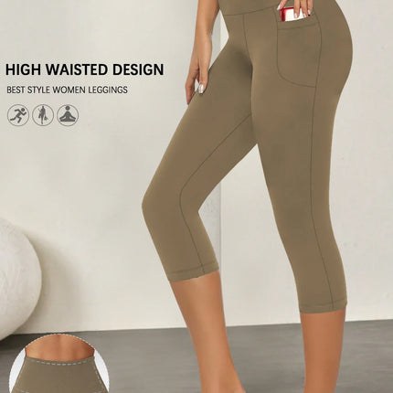 Fitness Leggings Women Pocket 3/4 Solid Capris - Fitness Leggings - Cloud Hide - Mad Fly Essentials