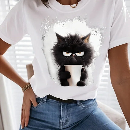 Shirt Women Cat Daily Weekend Black Short Graphic Tee - Shirt - Winretro - Mad Fly Essentials