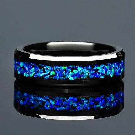 Men Blue Opal Black Tungsten Wedding Ring