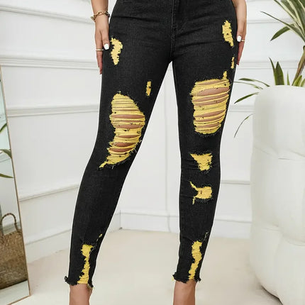 Women Bottoms Ripped High Stretch Denim Pencil Jeans - Women Bottoms - Genuo - Mad Fly Essentials