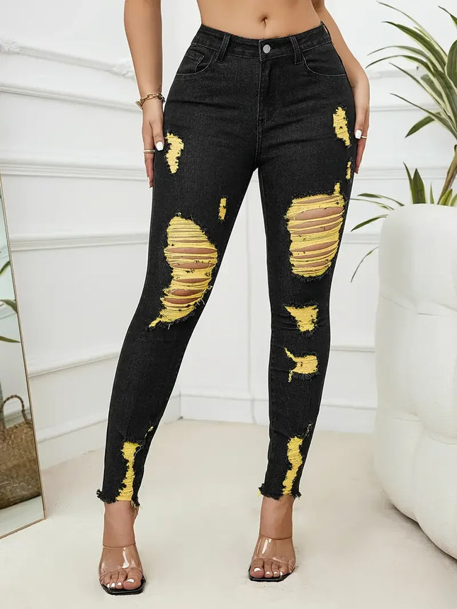 Women Bottoms Ripped High Stretch Denim Pencil Jeans - Women Bottoms - Genuo - Mad Fly Essentials